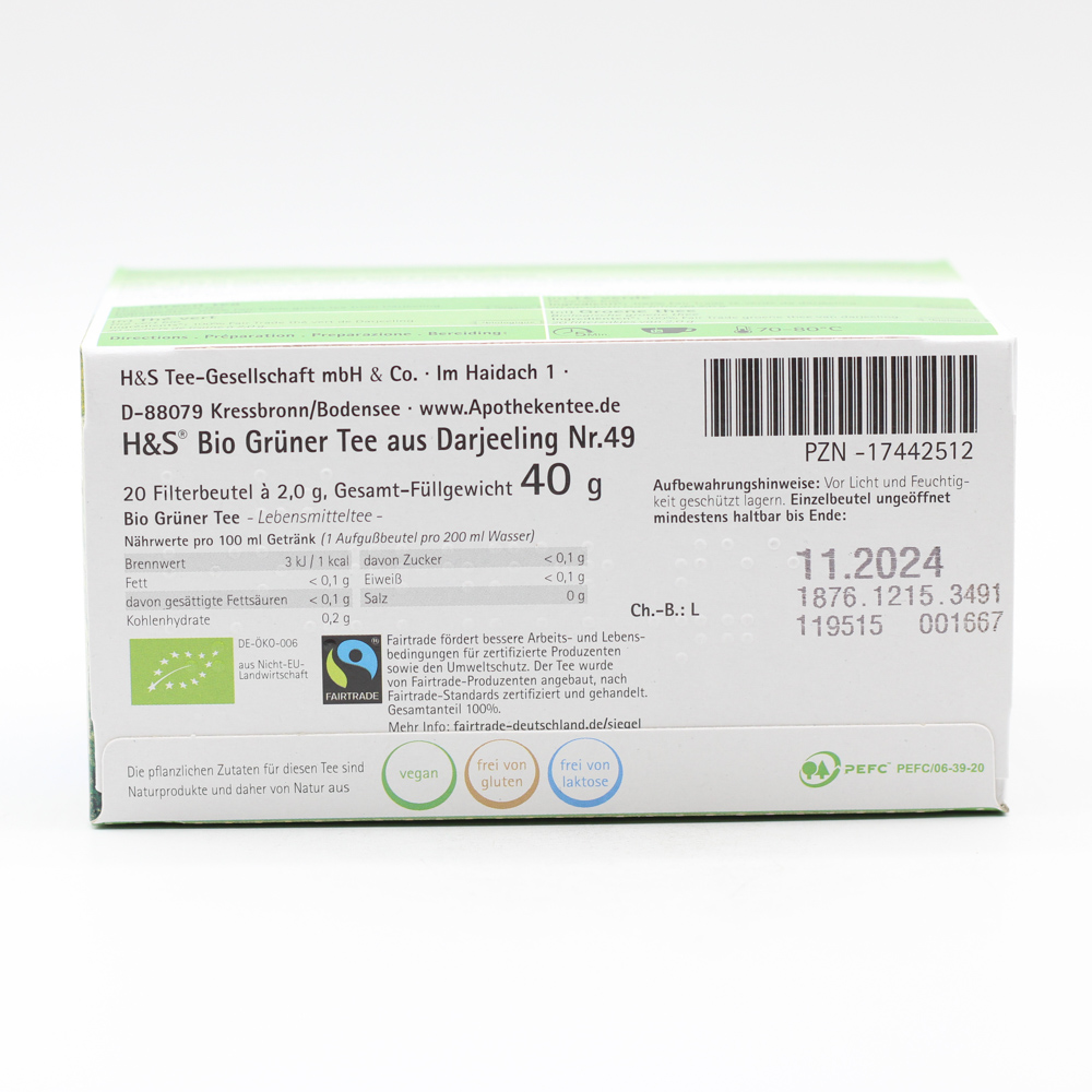 H&S Bio Grüner Tee aus Darjeeling Filterbeutel